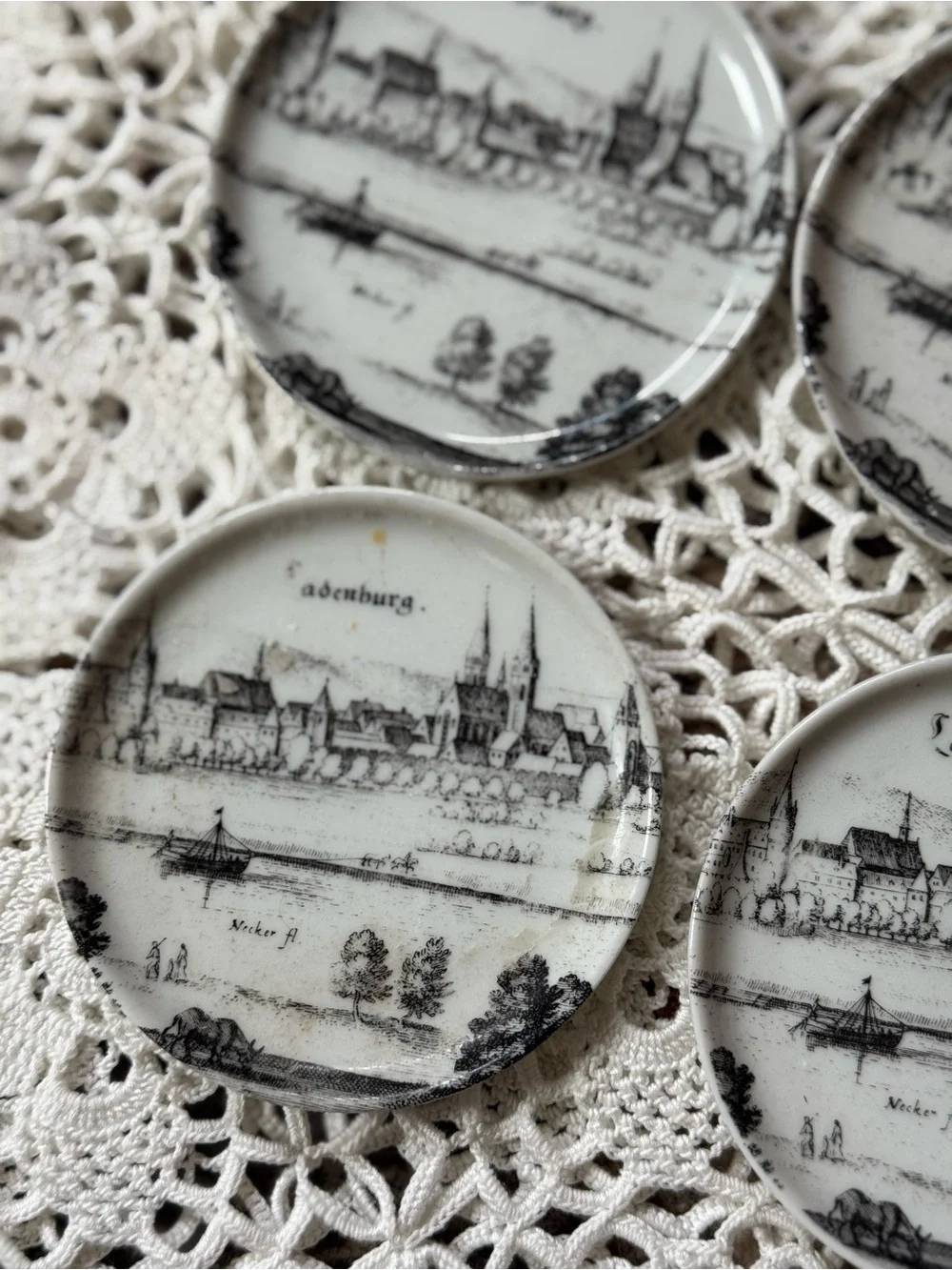 Vintage Black and White Scenic Germany Glass Mini Plates - Set of 4